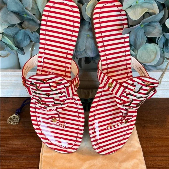 NWOB Tory Burch Patent Leather Miller Sandal Striped Nautical Red White - Picture 4 of 9